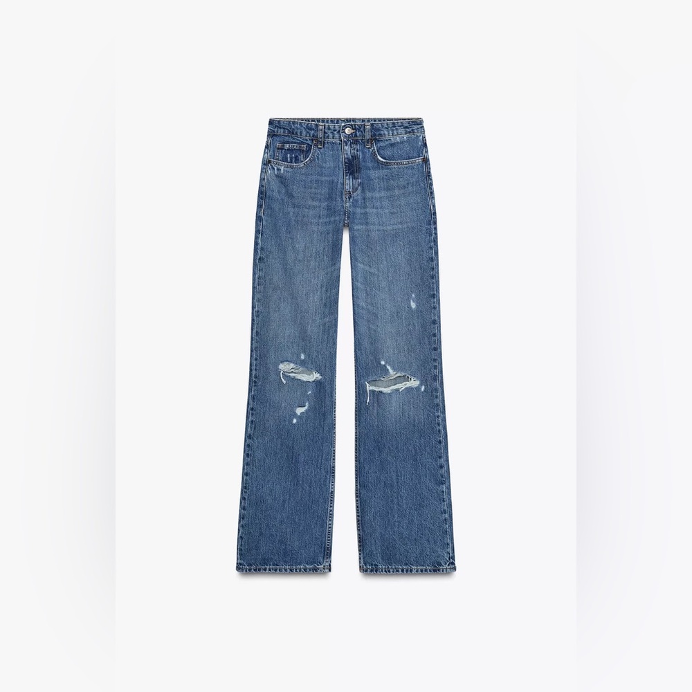 Zara Denim Blue Distressed Wide Leg Jeans NWT